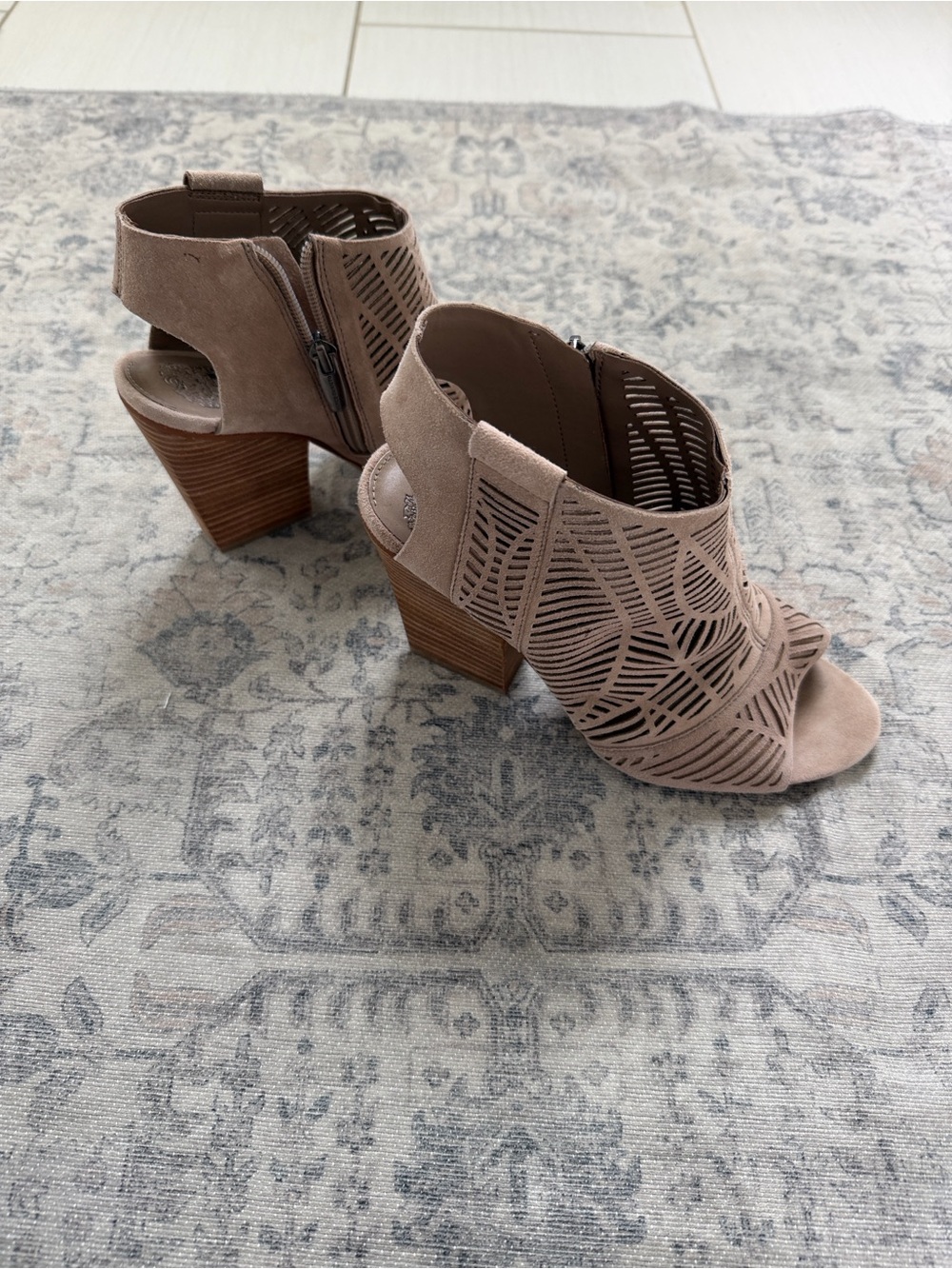 Vince Camuto Blush Laser-Cut Peep-Toe Block Heel Sandals